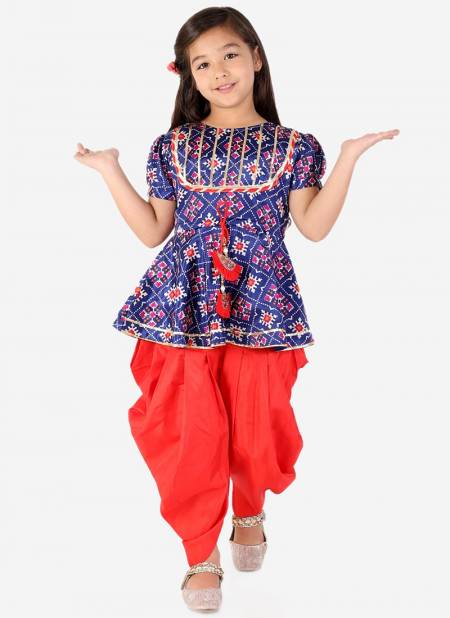 Navy And Red Colour KID1 Mira Frilly Festive Wear Sleeves Peplum Top with Dhoti Girls Collection K22DG165NVRD